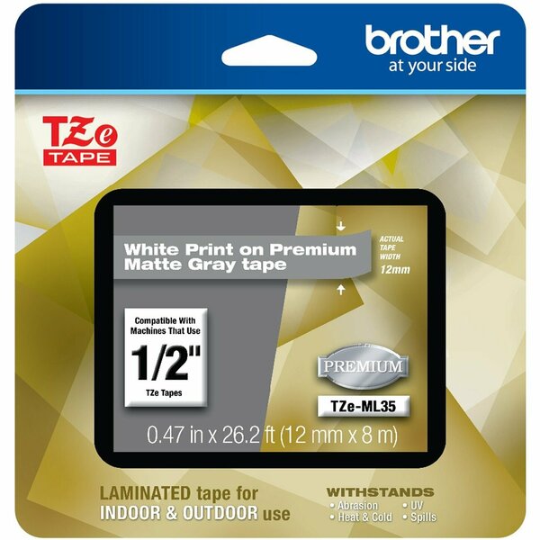 Brother International 12MM 8M White on Matte Lt Gray TZEML35